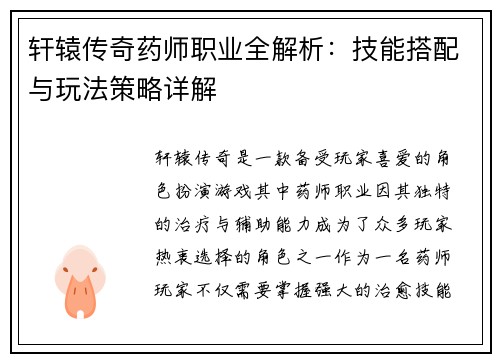 轩辕传奇药师职业全解析：技能搭配与玩法策略详解